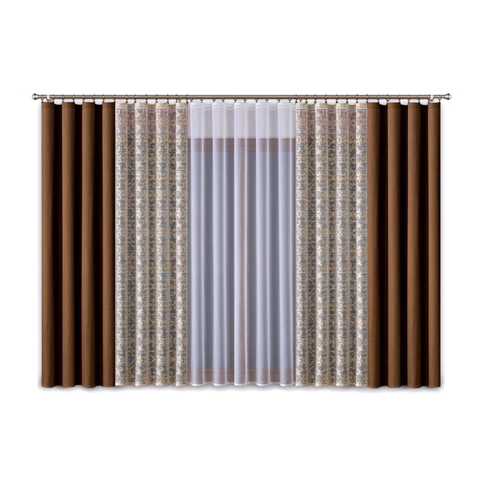 Комплект штор, 140х250 см-2 шт., тюль 200х250 см, 130х250 см-2 шт., коричневый