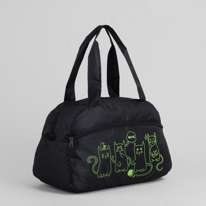 Сумка спортивная "Кошки", отдел на молнии, цвет чёрный/зелёный