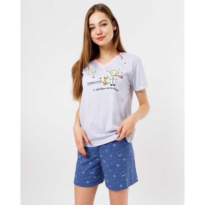 Пижама женская (футболка, шорты) 2835-0 (562302) цвет планеты на синем, р-р 46 (M)