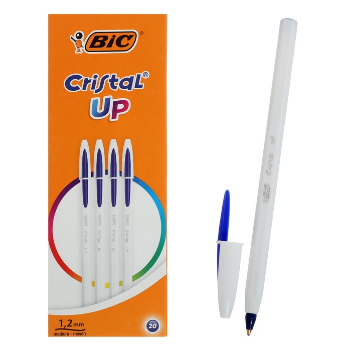 Ручка шариковая, BIC Cristal Up, узел 1.2 мм, чернила синие, среднее письмо, увеличенный запас чернил, белый корпус