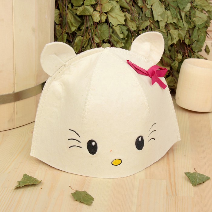 Шапка банная детская с вышивкой "Китти", белая, фетр