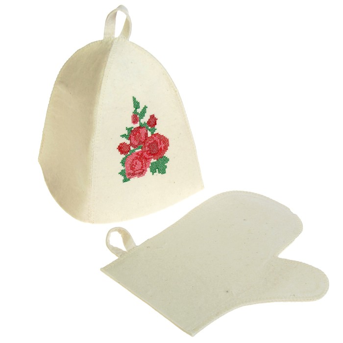 Набор банный "Цветы" 2 предмета: шапка, рукавица, фетр