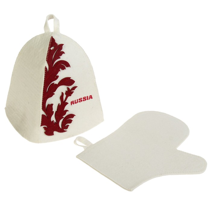 Набор банный "RUSSIA" 2 предмета: шапка, рукавица, фетр