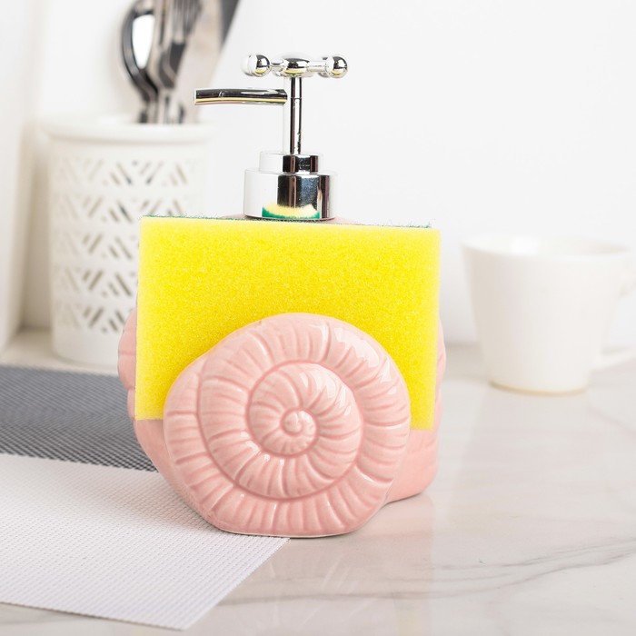 Дозатор для моющего средства 400 мл "Ракушка", с губкой, цвет персиковый