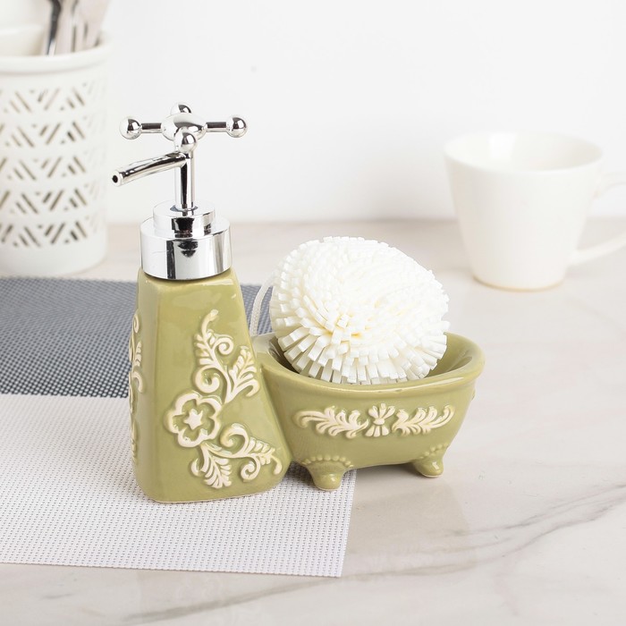 Дозатор для моющего средства 200 мл "Авиньон", с губкой, цвет зеленый