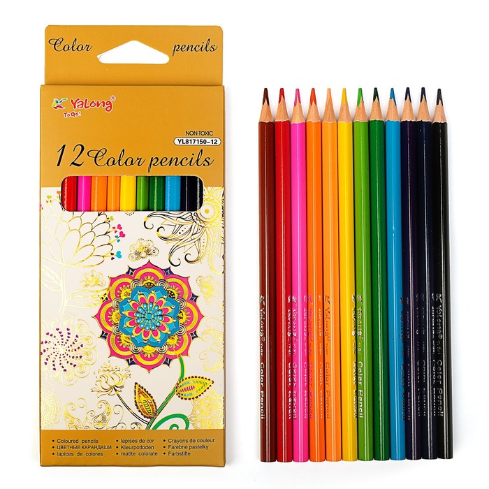 Карандаши 12цв в картонной коробке Yalong заточенные треугольные МИКС