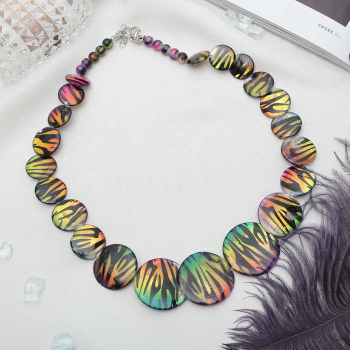 Бусы "Перламутр" лето, пластина круг, зебра, цвет сине-зеленый