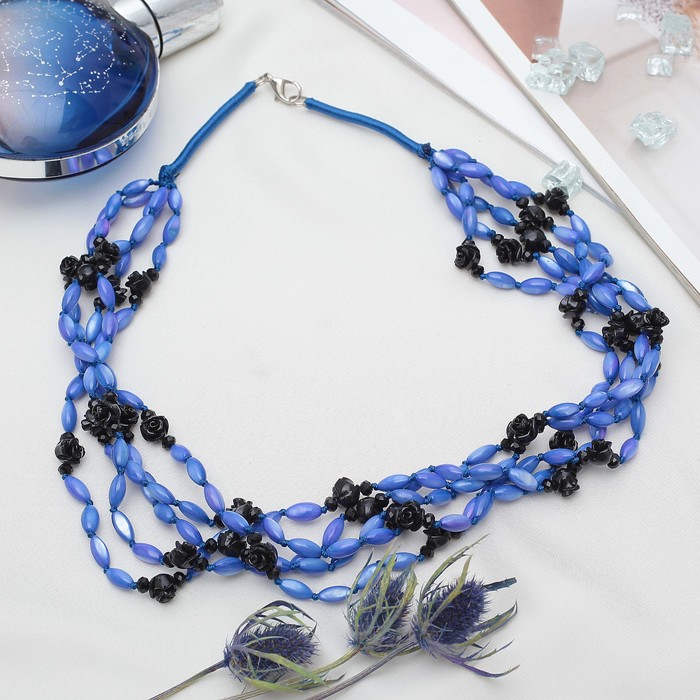 Бусы "Перламутр" рис с розами, цвет синий