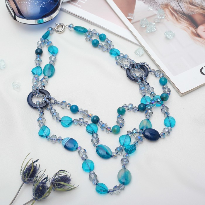 Бусы 3 яруса с кольцами "Агат с хрусталем", цвет синий, 65см