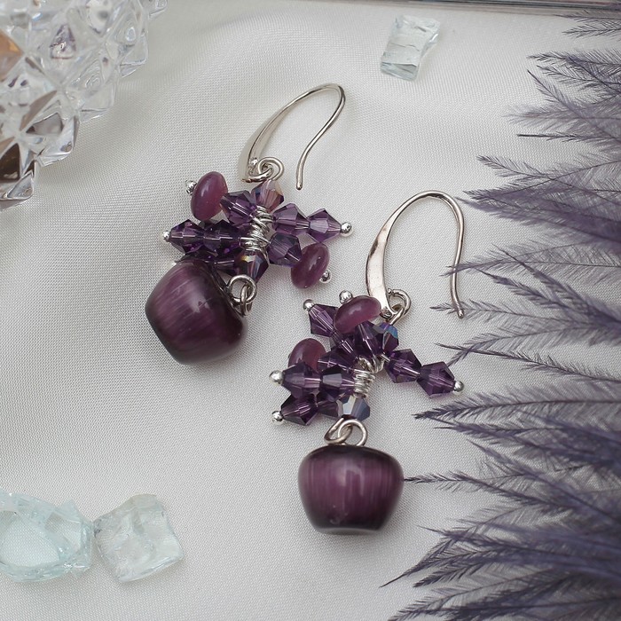Серьги "Кошачий глаз" грозди, цвет сливовый