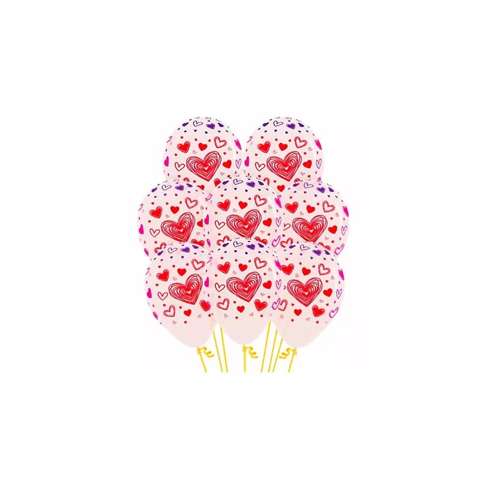 Шар латексный 12" "Разноцветные сердца", кристалл, 5 ст, набор 12 шт, цвет прозрачный