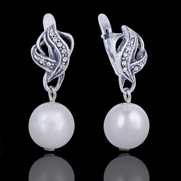 Серьги "Жемчужные 6", цвет белый в чернёном серебре