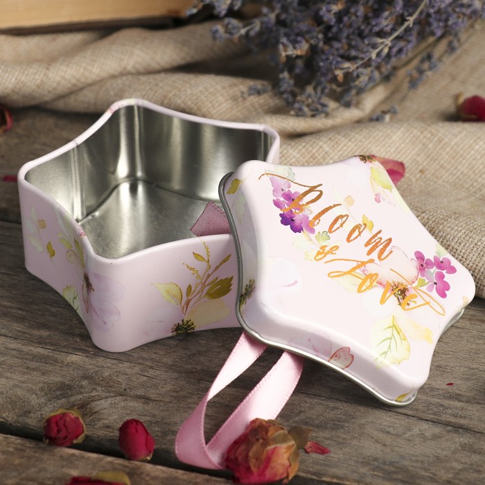 Шкатулка металл звёздочка "Акварельные цветы" 3,6х8х8 см