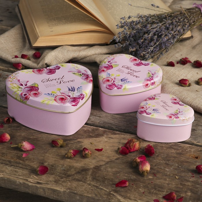 Шкатулка металл сердце "Акварель. Пионы" набор 3 шт 3,5х7х7, 4,5х9,5х9, 4,6х12х12 см