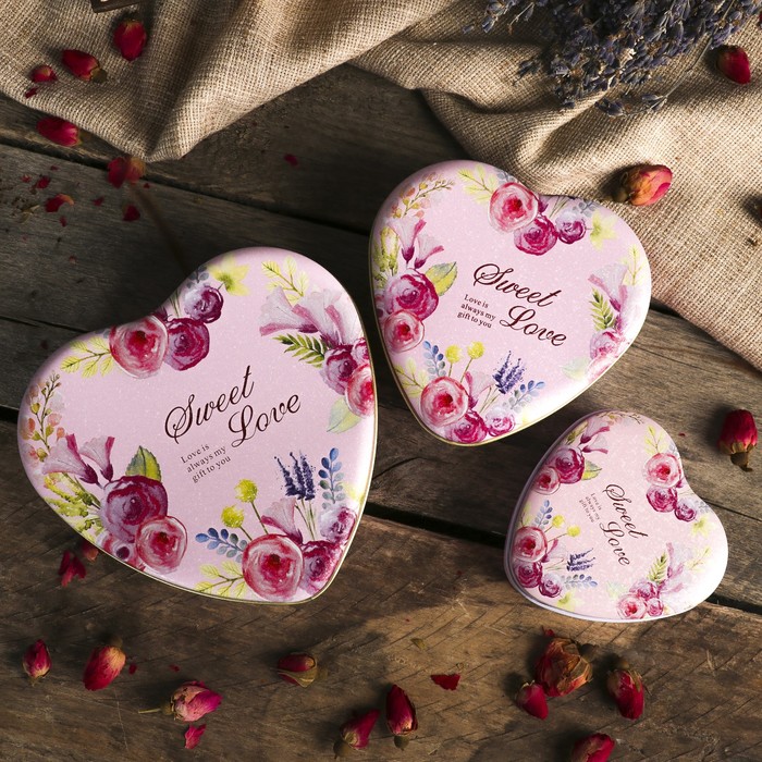 Шкатулка металл сердце "Акварель. Пионы" набор 3 шт 3,5х7х7, 4,5х9,5х9, 4,6х12х12 см