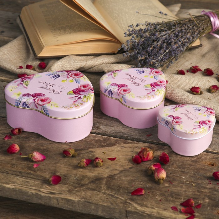 Шкатулка металл сердце "Акварель. Пионы" набор 3 шт 3,5х7х7, 4,5х9,5х9, 4,6х12х12 см