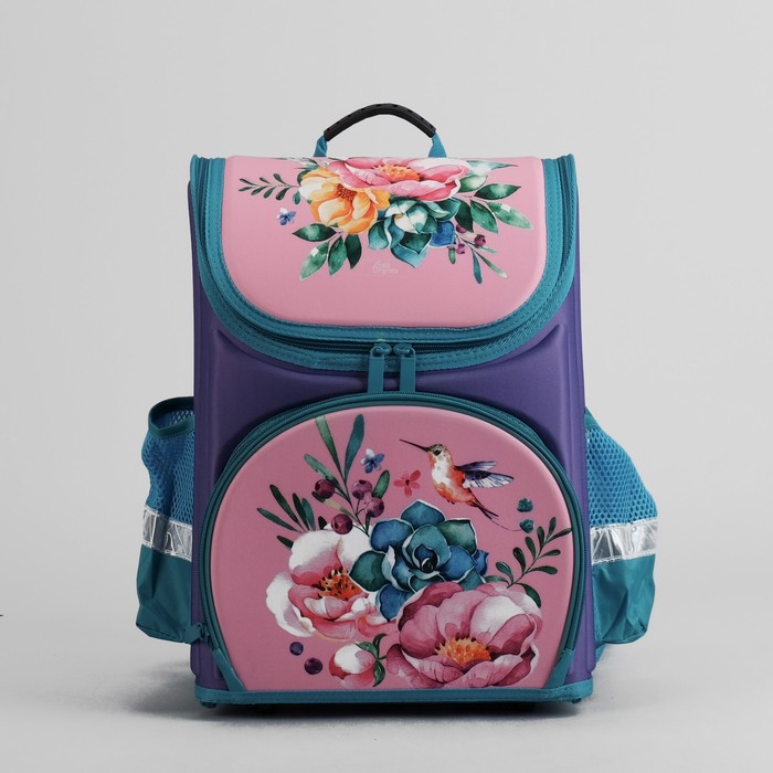 Ранец школьный каркасный с ортопедической спинкой 35*26*16 см 2 отделения 3 кармана «Цветы»