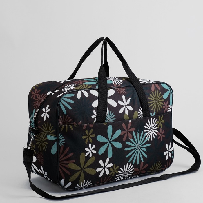 Сумка дорожная "Цветы", отдел на молнии, 3 наружных кармана, длинный ремень, цвет чёрный