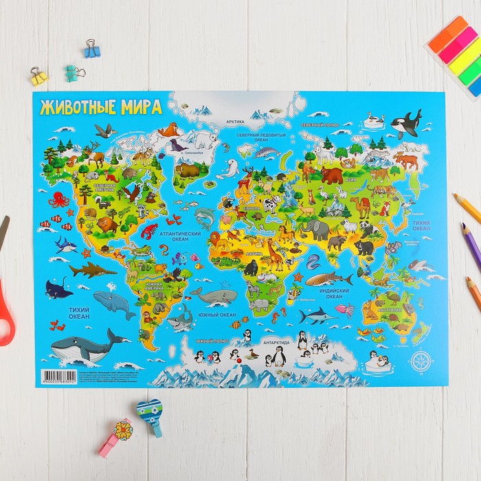 Плакат обучающий "Животные мира", А3