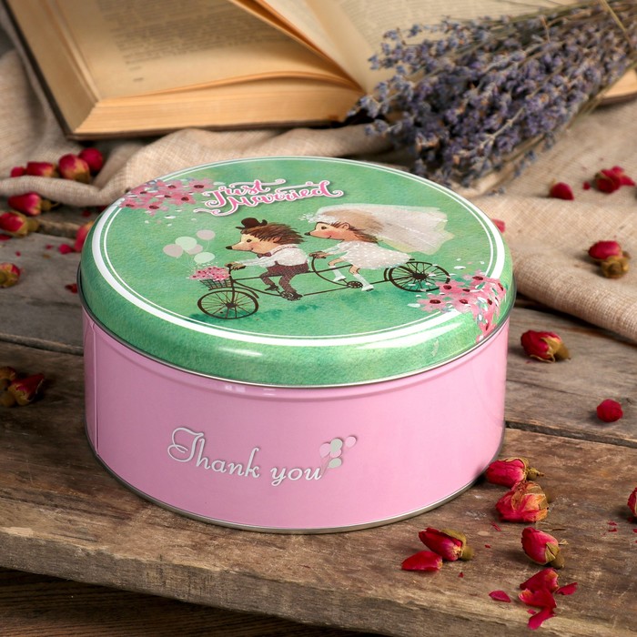 Шкатулка металл круглая "Ёжики на велосипеде. Свадьба" 8х16,5х16,5 см