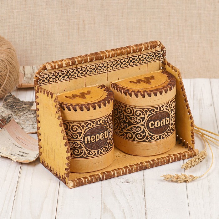 Набор для специй «Дуэт», 3 предмета, ёмкость 9×7×9.5 см, береста