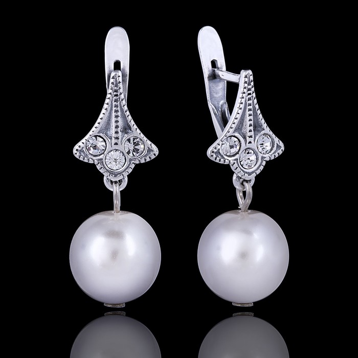 Серьги "Жемчужные 1", цвет белый в чернёном серебре