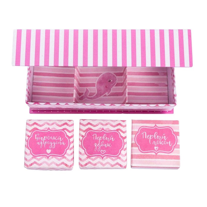 Подарочный набор для девочки "С рождением малышки": фотоальбом на 20 магнитных листов, набор памятных коробчек, капсула пожеланий от родителей в виде соски