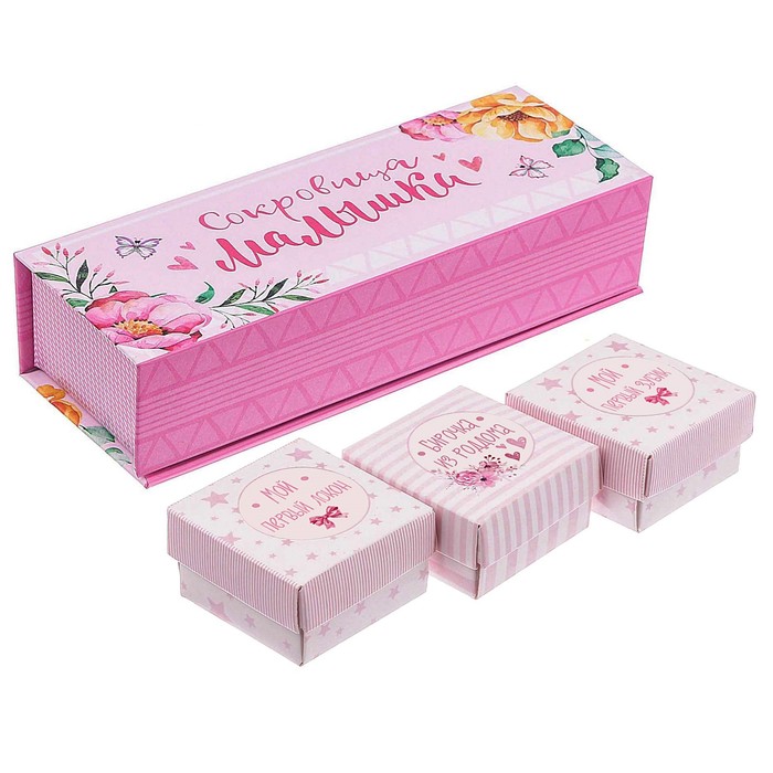 Подарочный набор для девочки "Мамины секреты": фотоальбом на 20 магнитных листов, набор памятных коробчек, капсула пожеланий от родителей в виде соски