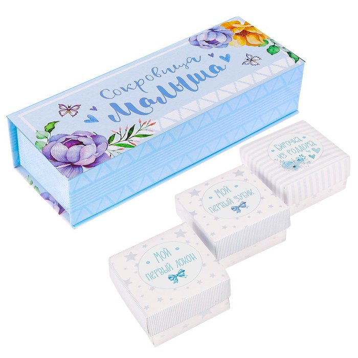 Подарочный набор для мальчика "Мамины секреты": фотоальбом на 20 магнитных листов, набор памятных коробчек, капсула пожеланий от родителей в виде соски