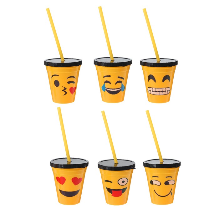 Стакан пластиковый с крышкой и трубочкой "Смайл" виды микс, 300 мл