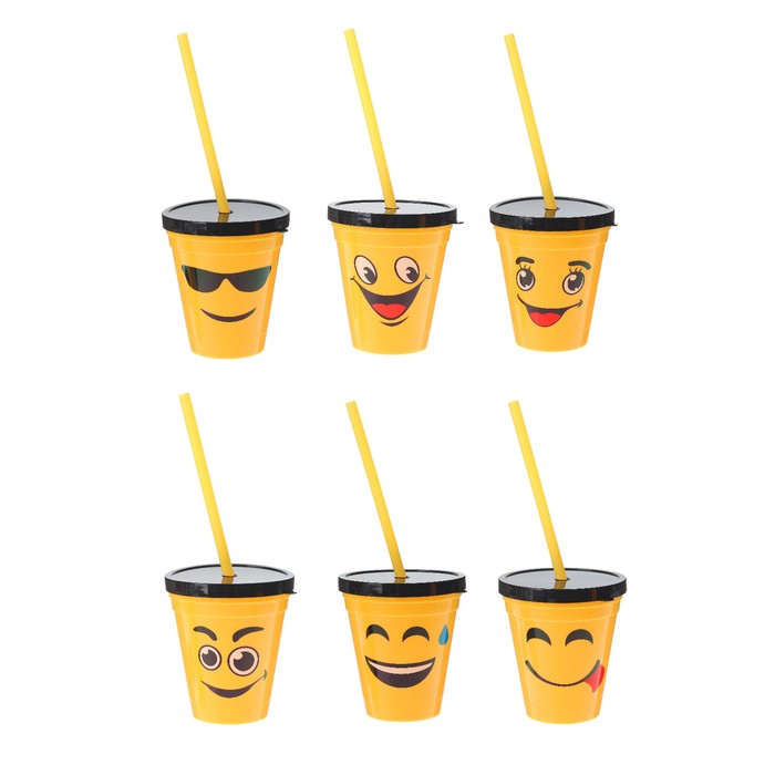 Стакан пластиковый с крышкой и трубочкой "Смайл" виды микс, 300 мл