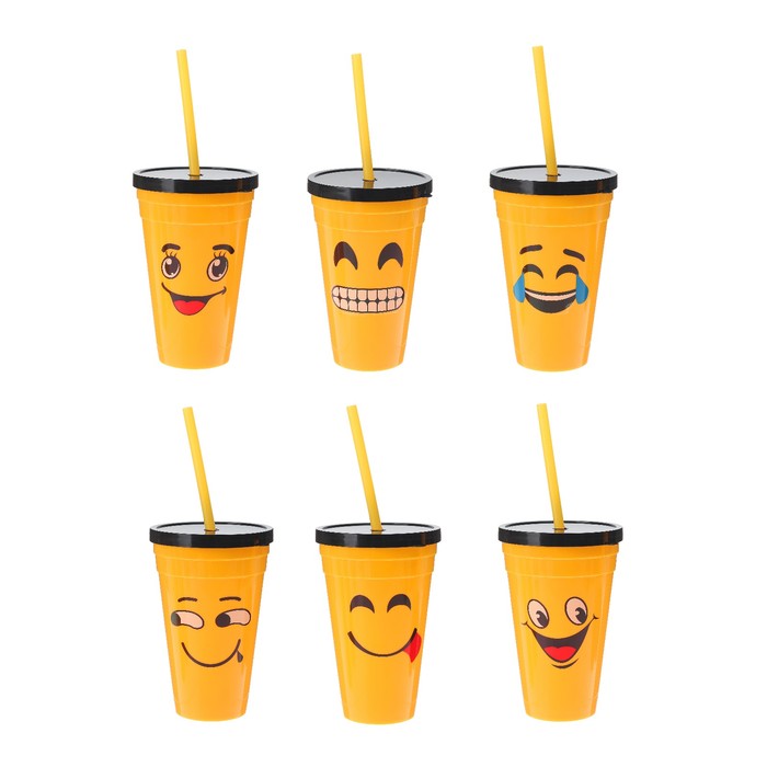 Стакан пластиковый с крышкой и трубочкой "Смайл" виды микс, 400 мл