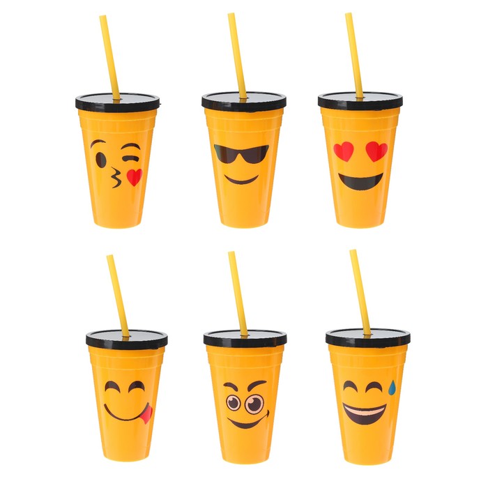 Стакан пластиковый с крышкой и трубочкой "Смайл" виды микс, 400 мл