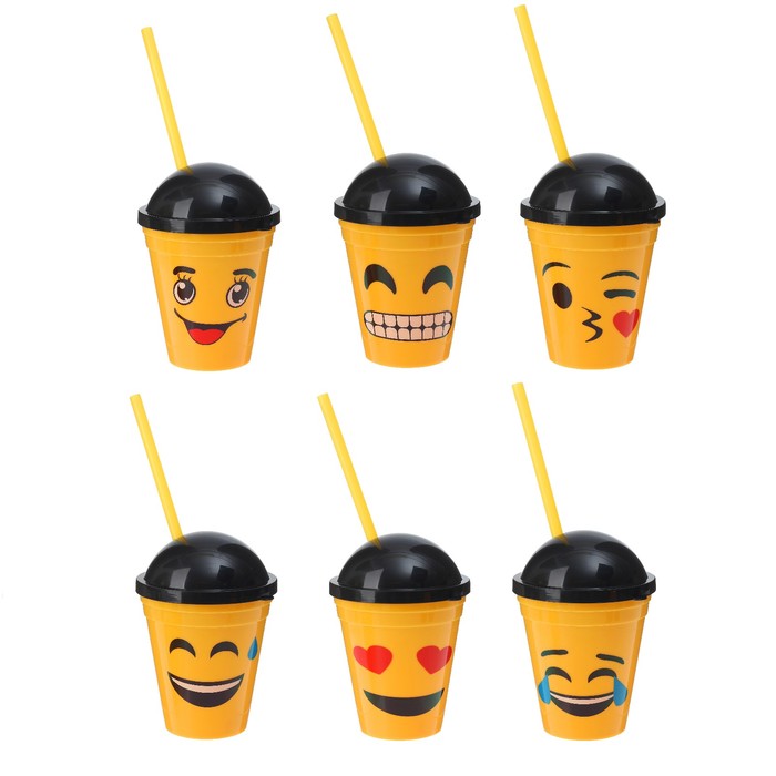 Стакан пластиковый с крышкой и трубочкой "Смайл" виды микс, 300 мл