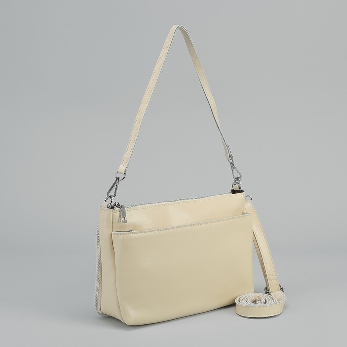 Сумка женская, отдел на молнии, 2 наружных кармана, цепь, длинный ремень, цвет бежевый