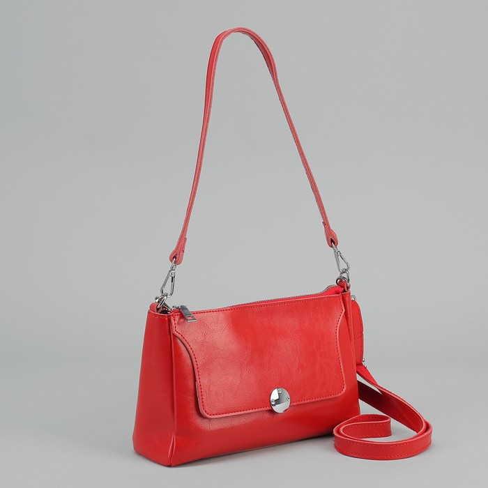 Сумка женская, отдел на молнии, 2 наружных кармана, длинный ремень, цвет красный