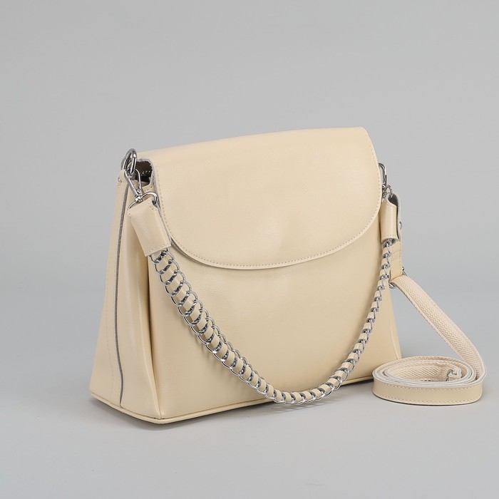Сумка женская, 3 отдела на молнии, наружный карман, цепь, длинный ремень, цвет бежевый