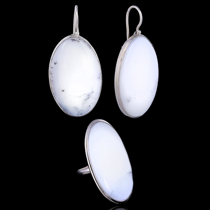 Гарнитур посеребрение 2 предмета: серьги, кольцо "Кахолонг+магнезит" овал, 18 размер