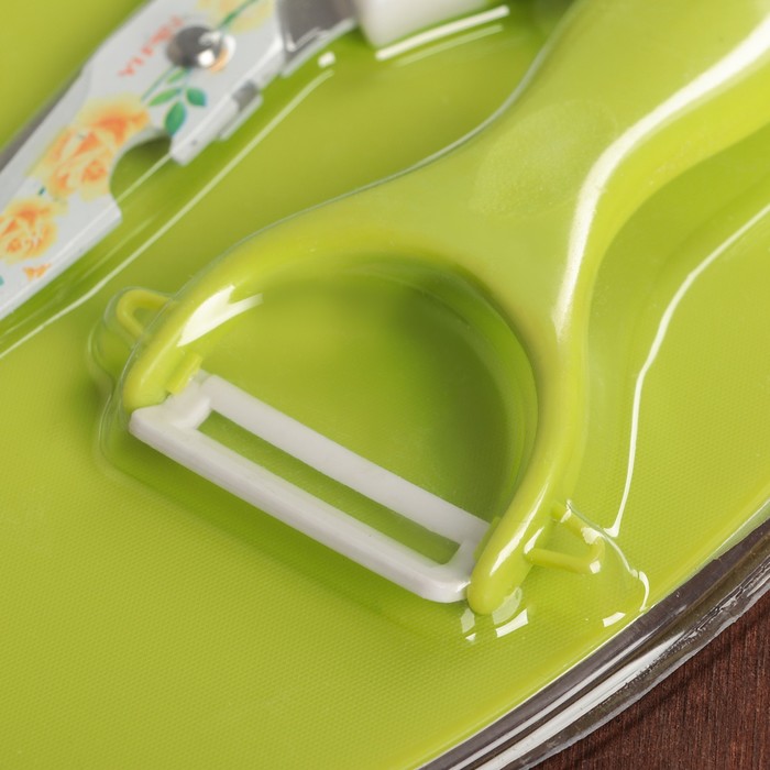 Набор кухонный, 4 предмета: нож, ножницы с антиналипающим покрытием, овощечистка, доска, цвет зеленый