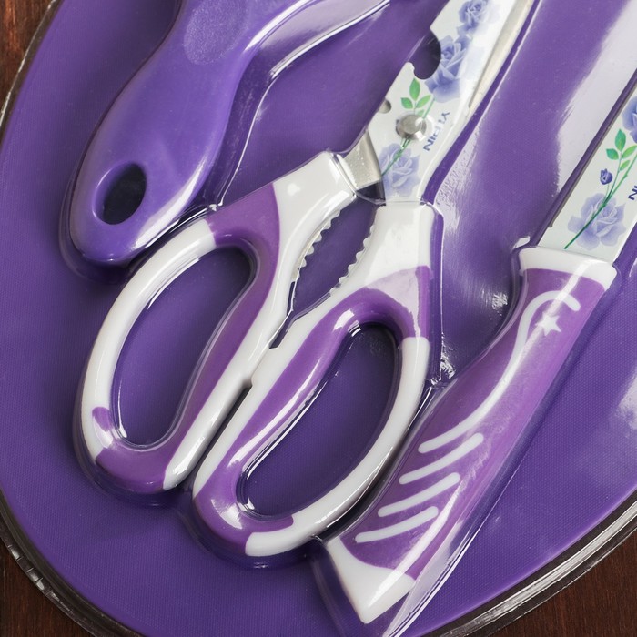 Набор кухонный, 4 предмета: нож, ножницы с антиналипающим покрытием, овощечистка, доска, цвет фиолетовый