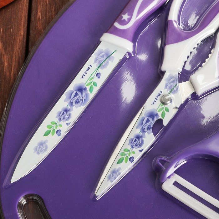 Набор кухонный, 4 предмета: нож, ножницы с антиналипающим покрытием, овощечистка, доска, цвет фиолетовый