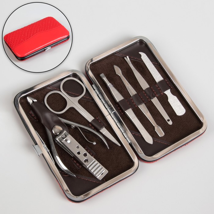 Набор маникюрный в футляре, 7 предметов, цвет красный