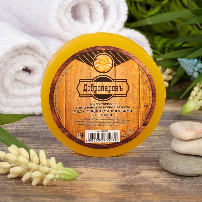 Мыло с мочалкой из люфы "Мёд с овсяными хлопьями", "Добропаровъ", 80 гр