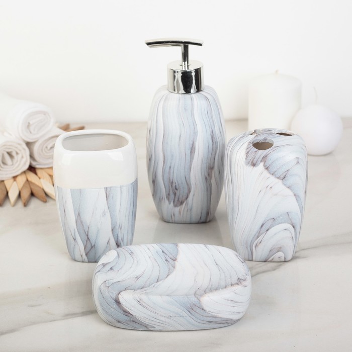 Набор для ванной "Мрамор" 4 предмета: мыльница, дозатор для мыла, 2 стакана, волна