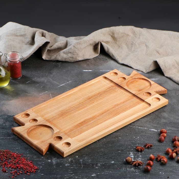 Блюдо для подачи "Корыто" с соусниками, массив ясеня 50 х 25 х 2 см