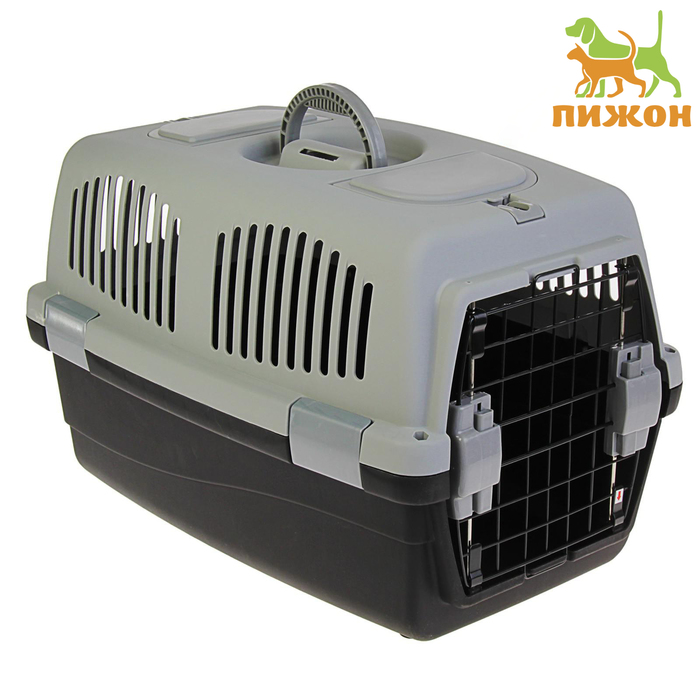 Переноска с 2 люками и креплением для наплечного ремня, 58 х 37 х 37, до 10 кг, серо-черная