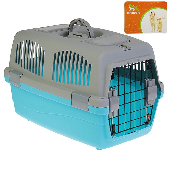 Переноска с 2 люками и креплением для наплечного ремня, 58 х 37 х 37, до 10 кг, серо-голубая