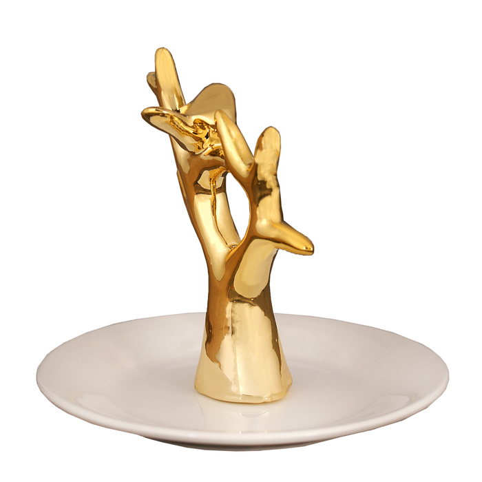 Подставка для украшений керамика "Птенчик на дереве" золото 11,5х12,5х12,5 см