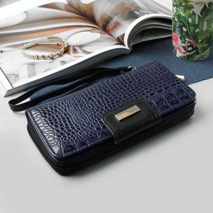 Кошелёк женский, 2 отдела, для кредиток, для монет, ручка, крокодил, цвет синий/фиолетовый