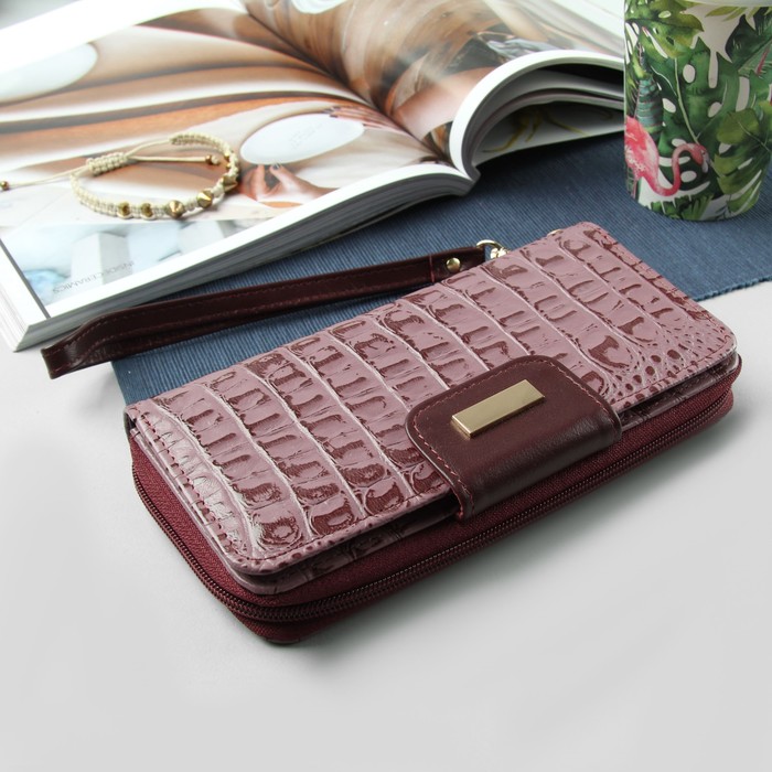 Кошелёк женский, 2 отдела, для кредиток, для монет, ручка, кайман, цвет ирис